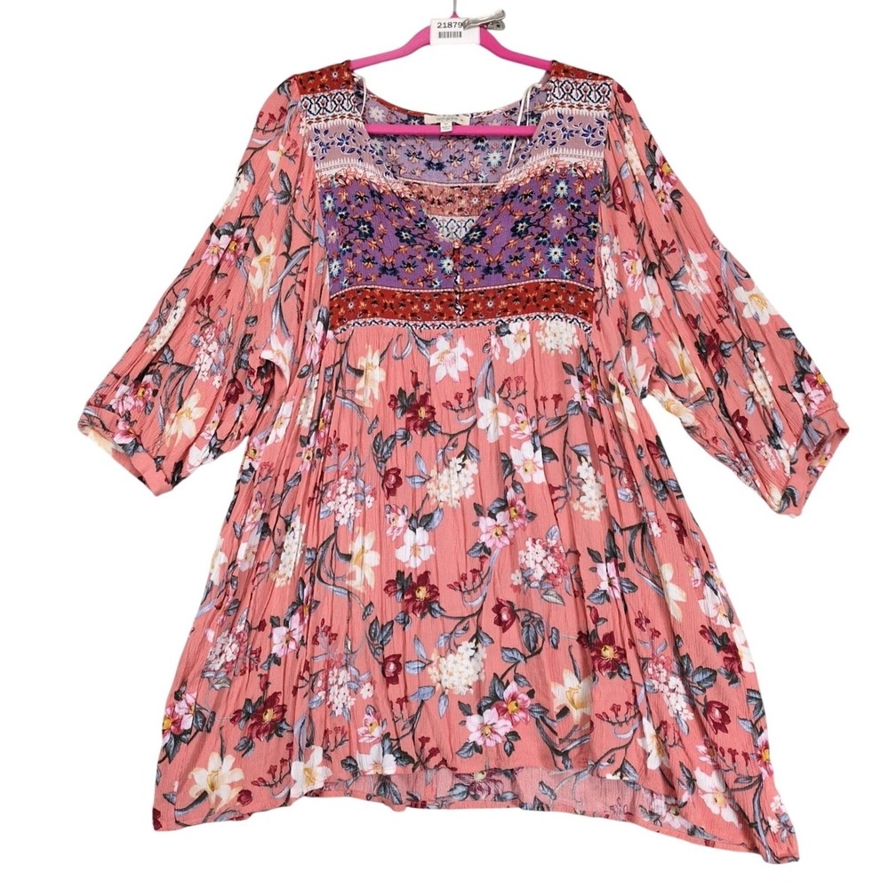 Umgee Floral Shift Boho Peasant Dress Plus Size 1X Rayon Gauze Flowy Festival